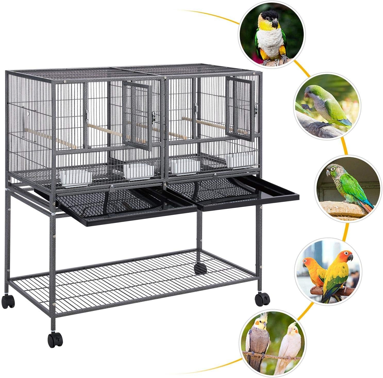 41.5" Stackable Divided Breeder Breeding Parakeet Bird Cage for Canaries Cockatiels Lovebirds Finches Budgies Small Parrots with Rolling Stand, Black