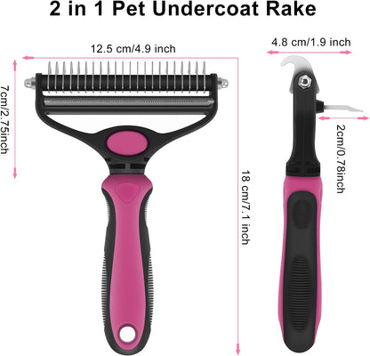 Dog Brush and Cat Brush, 2 in 1 Pet Undercoat Rake Grooming Tool for Deshedding, Mats & Tangles Removing, Shedding Brush and Dematting Comb for Large Small Dogs & Cats' Long & Short Hair Remover