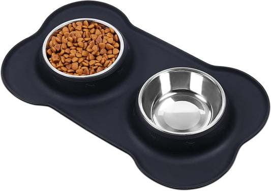 Dog Bowls, Dog Food Bowls, Stainless Steel Cat Puppy Water Bowls with Non Spill Skid Resistant Silicone Mat, Medium, Black