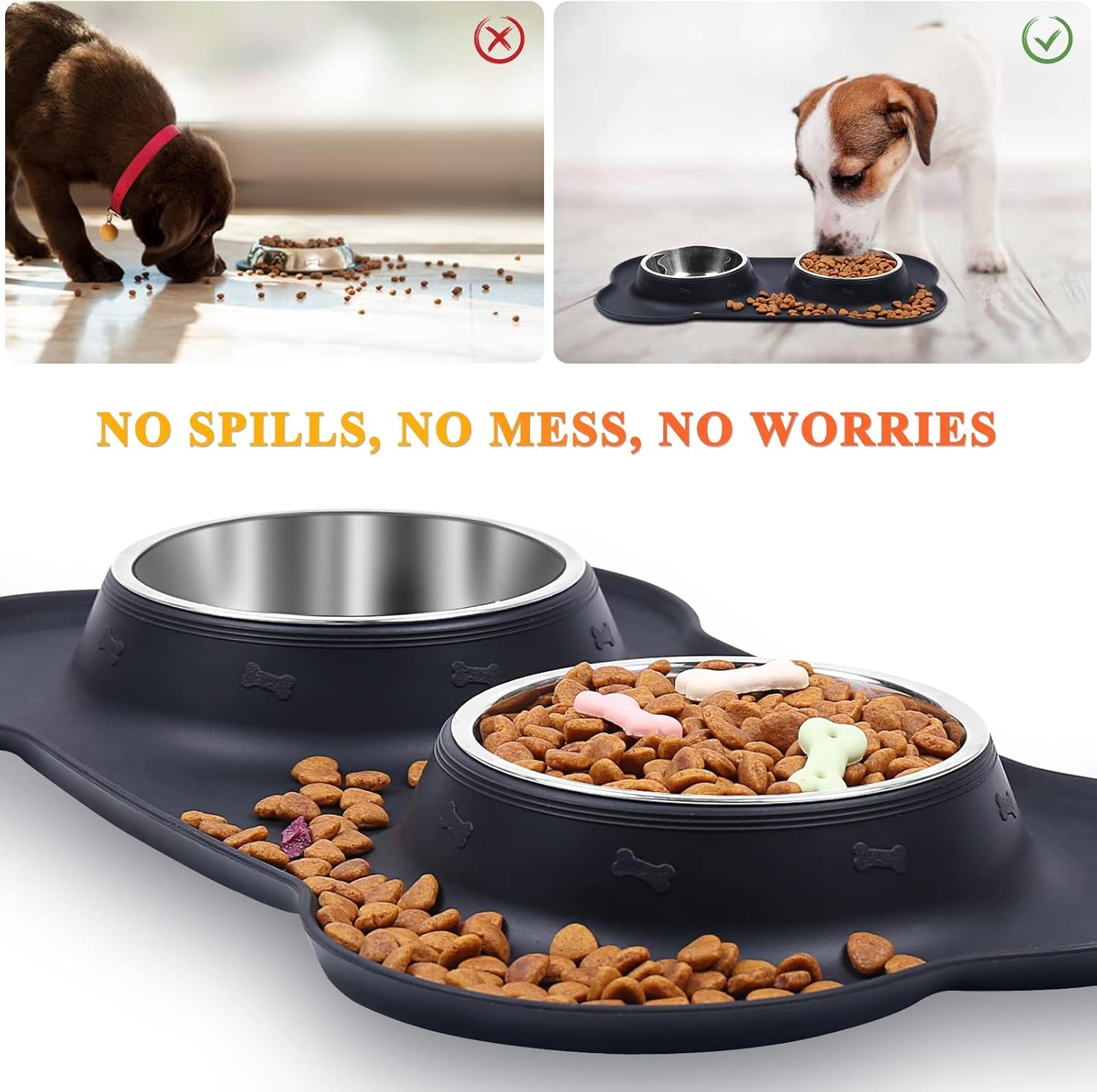 Dog Bowls, Dog Food Bowls, Stainless Steel Cat Puppy Water Bowls with Non Spill Skid Resistant Silicone Mat, Medium, Black