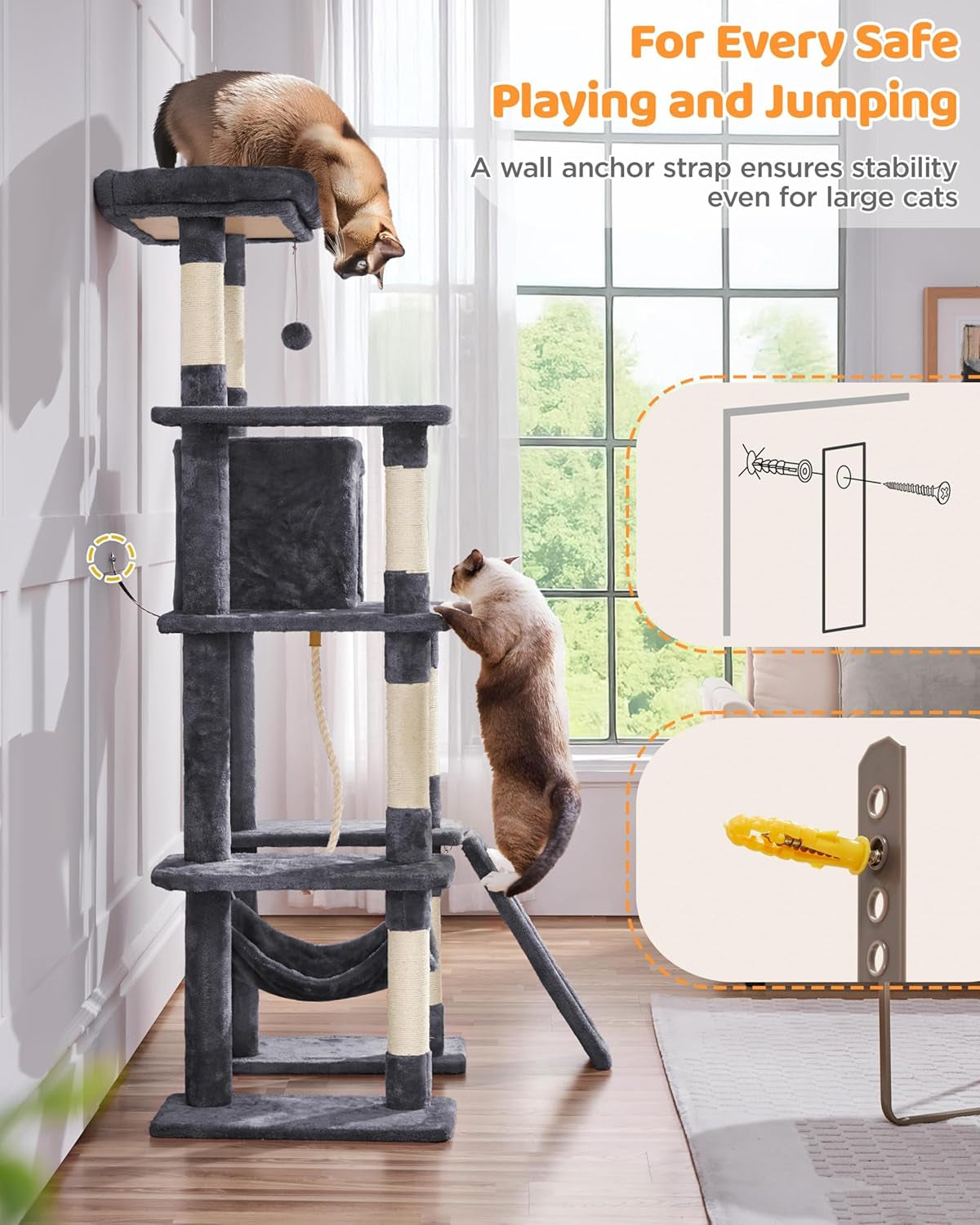 Large Multi-Level Cat Tree, 63 Inches Tall with Sisal-Covered Scratching Posts, Condo, Hammock, Dangling Ball, and Extended Platform for Cats to Play and Sleep