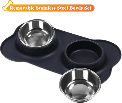 Dog Bowls, Dog Food Bowls, Stainless Steel Cat Puppy Water Bowls with Non Spill Skid Resistant Silicone Mat, Medium, Black