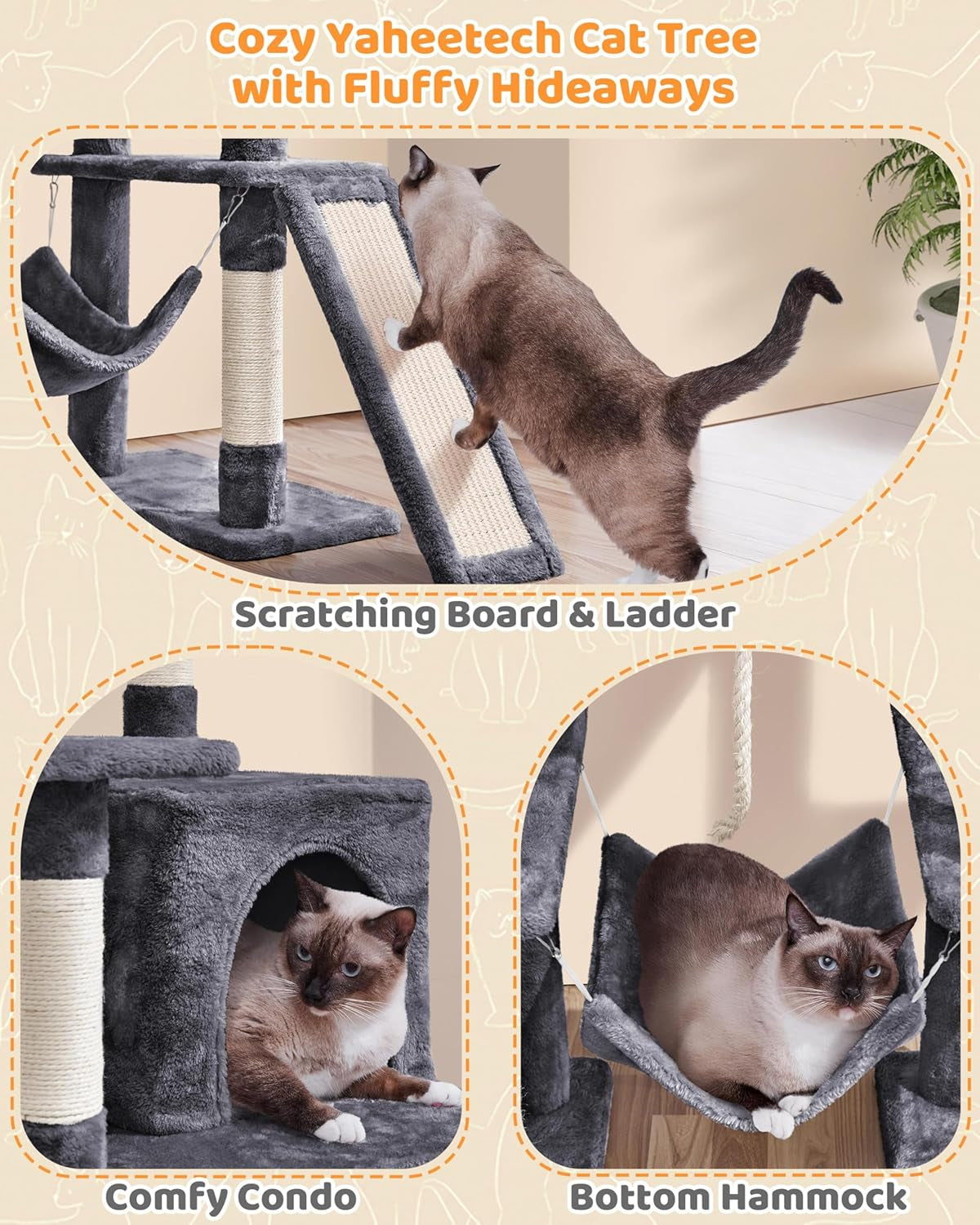 Large Multi-Level Cat Tree, 63 Inches Tall with Sisal-Covered Scratching Posts, Condo, Hammock, Dangling Ball, and Extended Platform for Cats to Play and Sleep