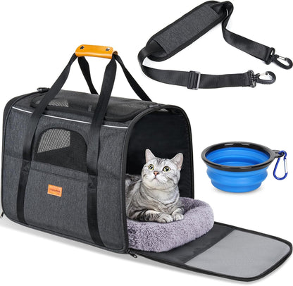 Cat Carrier - Soft Sided Cat Carrier Large for Big Medium Cats and Puppy up to 15Lbs, Pet Carrier with Safety Zippers, Foldable Bowl, Airline Approved Large Cat Carrier - Dark Gray