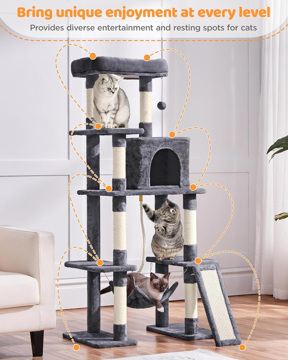 Large Multi-Level Cat Tree, 63 Inches Tall with Sisal-Covered Scratching Posts, Condo, Hammock, Dangling Ball, and Extended Platform for Cats to Play and Sleep